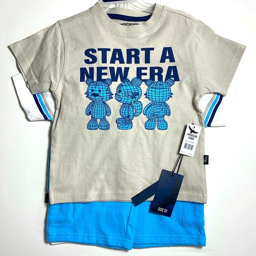 3 pc set - 2 printed matching tees with fleece cargo short. NWT